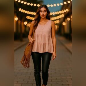 Coco + Carmen Sleeveless Tiered Ruffle Top | Soft Blush Boho Tank | Size S/M